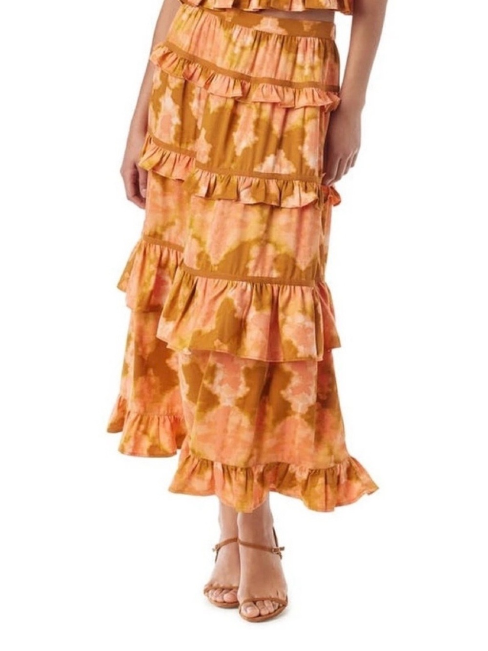 Sam Edelman Orange Peach Ruffle Tired Maxi Skirt Medium Boho Gypsy Peasant